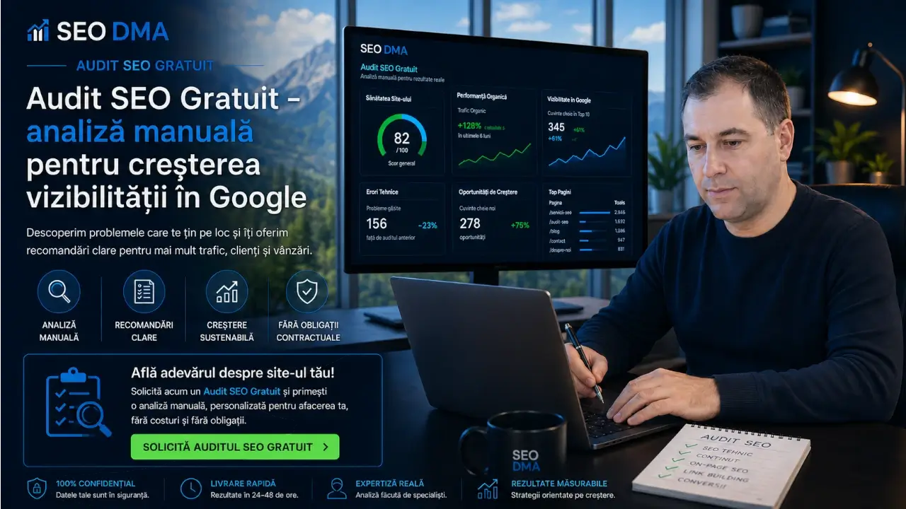 Audit SEO Gratuit realizat manual pentru analiza vizibilității unui site în Google și identificarea oportunităților de creștere organică.
