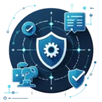 Icon rotiță, scut și bifă pentru implementare SEO tehnică responsabilă, sigură și atentă.