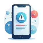 Icon telefon cu alertă și bifă pentru probleme mobile, Mobile SEO și optimizare responsive.