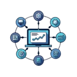 Icon cu elemente conectate pentru strategie digitală integrată, incluzând SEO, web design, viteză, hosting și conversii.