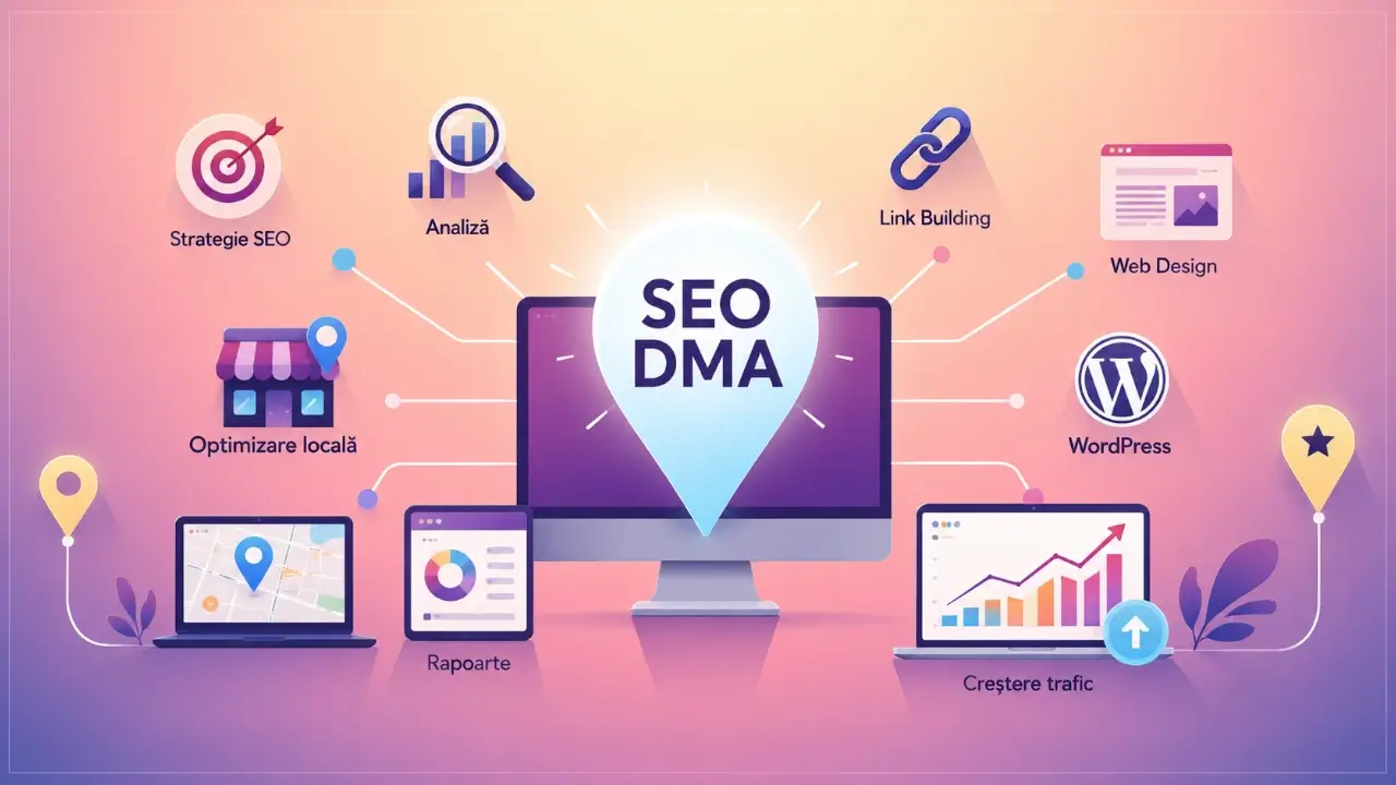 Imagine hero cu dashboard-uri, interfețe website și elemente SEO pentru servicii de web design, optimizare SEO și creștere digitală.